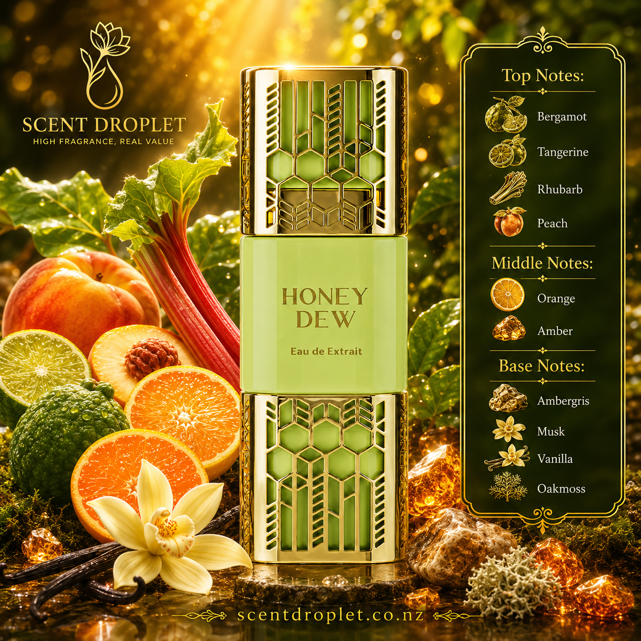 Honey Dew by Shaikh Saeed EDE Extract - fragrance notes infographic with bergamot, tangerine, rhubarb, peach, orange, amber, ambergris, musk, vanilla and oakmoss