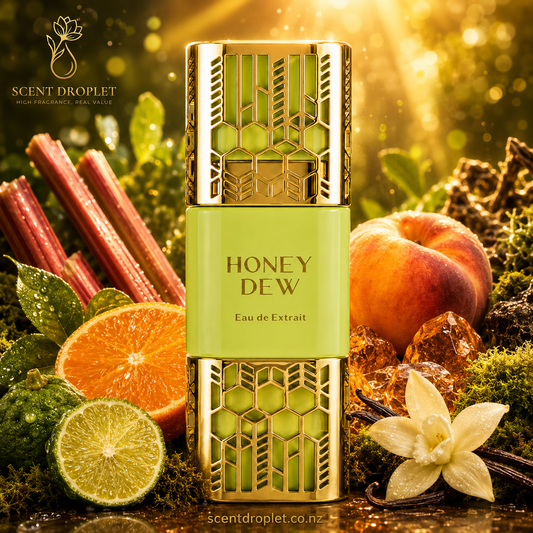 Honey Dew by Shaikh Saeed Eau de Extrait bottle in lime green with gold lattice cap surrounded by peach, rhubarb, orange, vanilla and amber