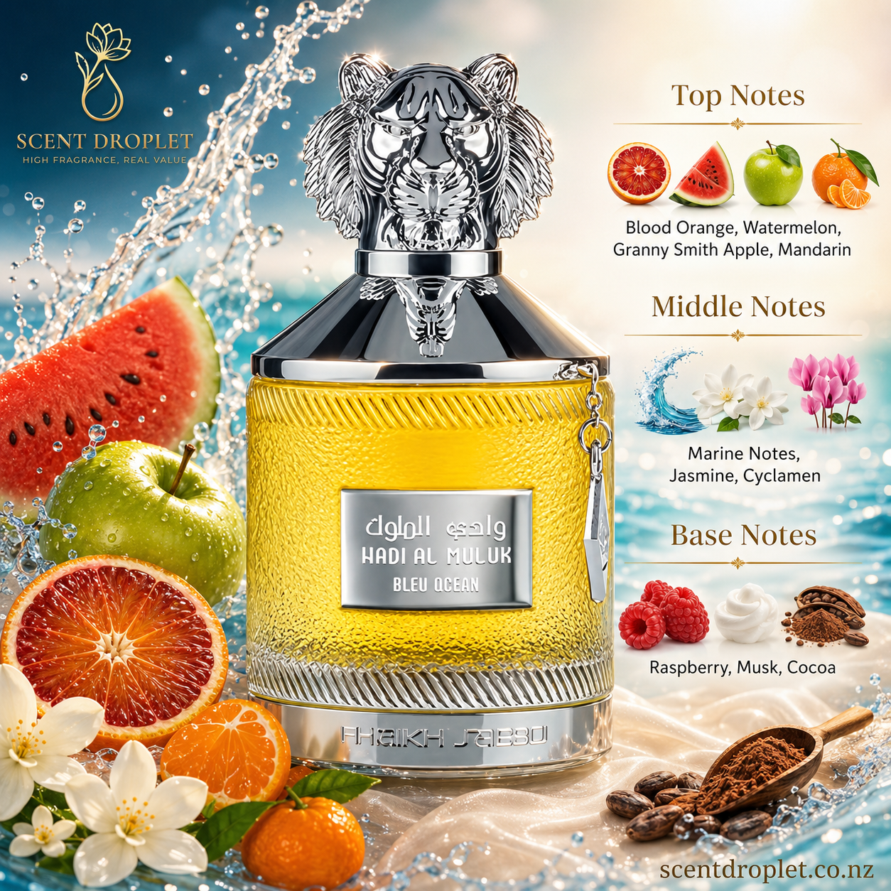 Wadi al Muluk Bleu Ocean by Shaikh Saeed EDP - fragrance notes infographic with blood orange, watermelon, granny smith apple, mandarin, marine notes, jasmine, cyclamen, raspberry, musk and cocoa