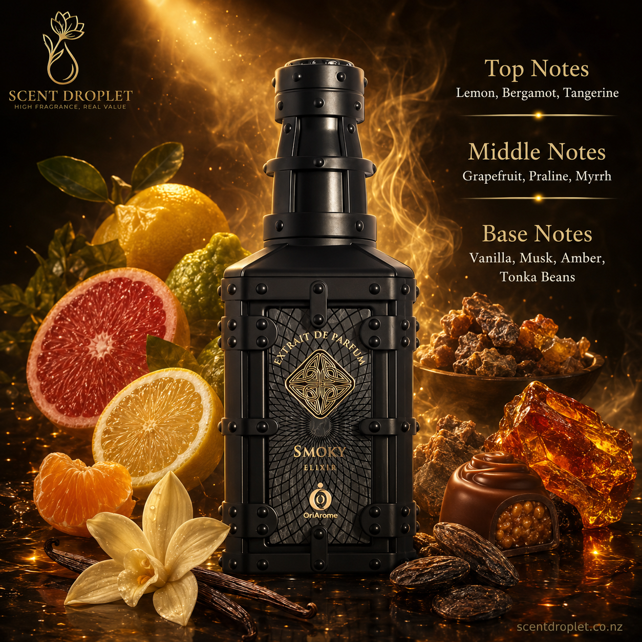 Smoky Elixir by Shaikh Saeed Extrait - fragrance notes infographic with lemon, bergamot, tangerine, grapefruit, praline, myrrh, vanilla, musk, amber and tonka beans