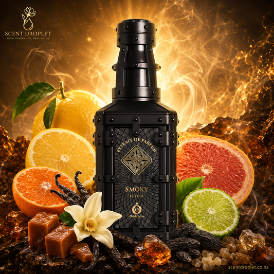 Smoky Elixir by Shaikh Saeed Extrait de Parfum black trunk-style bottle surrounded by lemon, grapefruit, tangerine, vanilla, caramel and amber resin