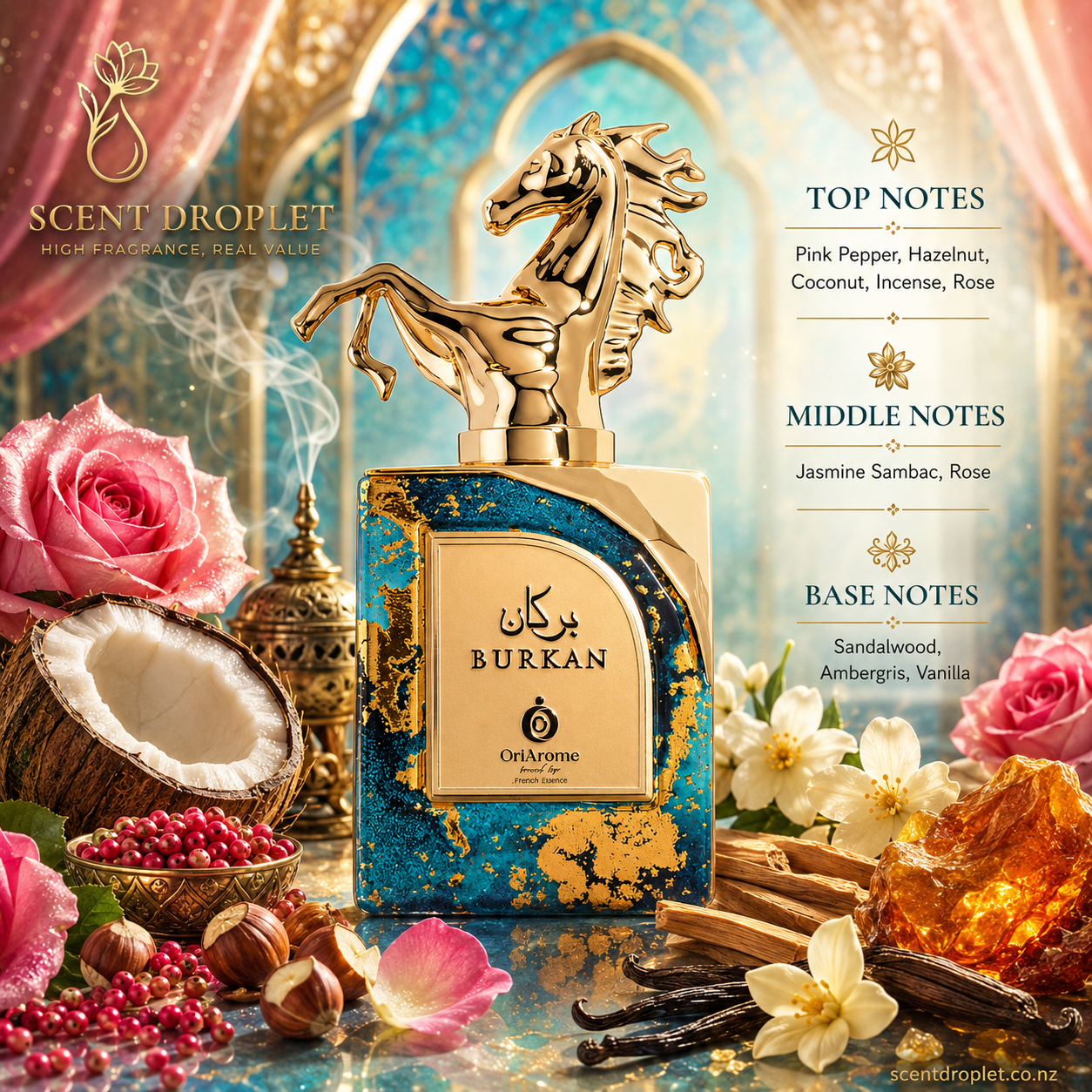 Burkan by Shaikh Saeed EDP - fragrance notes infographic with pink pepper, hazelnut, coconut, incense, rose, jasmine sambac, sandalwood, ambergris and vanilla