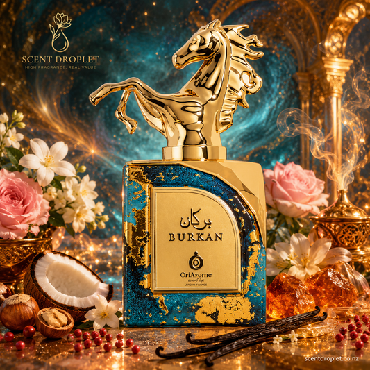 Burkan by Shaikh Saeed Eau de Parfum teal and gold bottle with gold horse cap surrounded by rose, jasmine, coconut, hazelnut, vanilla and amber resin