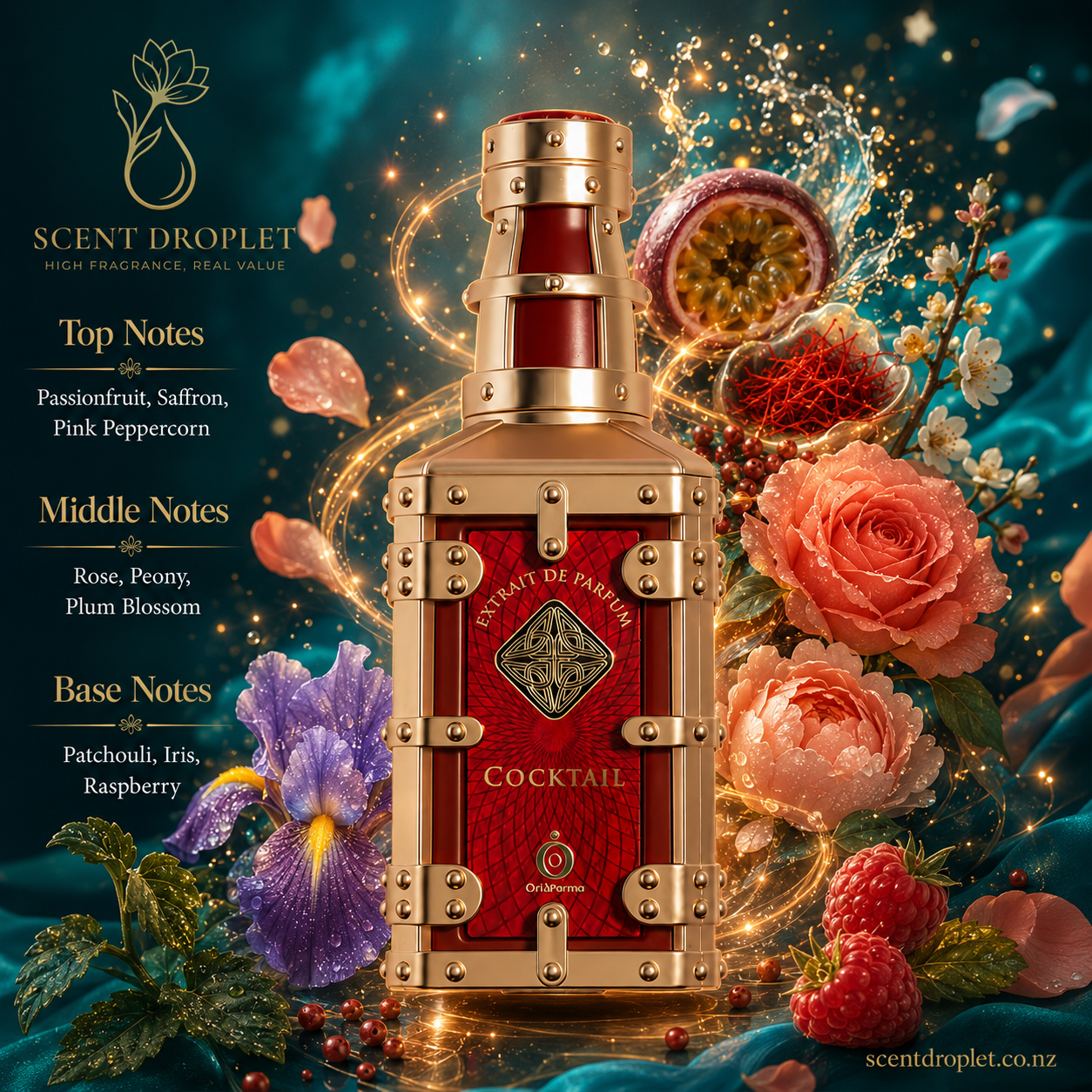 Cocktail by Shaikh Saeed Extrait de Parfum red trunk bottle with gold hardware surrounded by passionfruit, saffron, rose, peony and iris on teal background