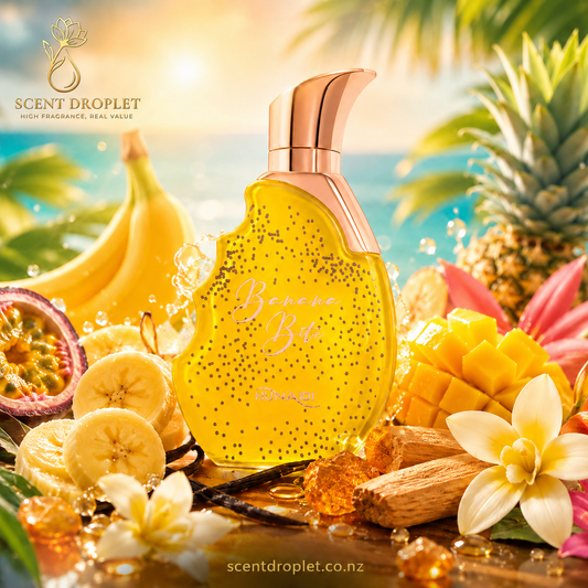 Banana Bite by Shaikh Saeed Extrait bottle in yellow with rose gold cap surrounded by banana, passionfruit, mango, pineapple, vanilla and sandalwood