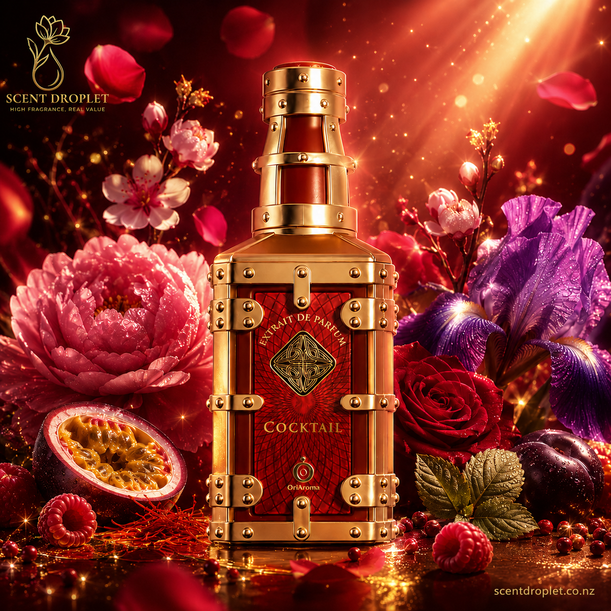 Cocktail by Shaikh Saeed Extrait red and gold trunk bottle surrounded by passionfruit, rose, peony, raspberry and iris on deep red background