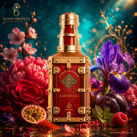 Cocktail by Shaikh Saeed Extrait bottle in red and gold trunk design surrounded by passionfruit, saffron, rose, peony and raspberry