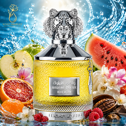 Wadi al Muluk Bleu Ocean by Shaikh Saeed Eau de Parfum bottle in amber yellow with silver tiger head cap surrounded by watermelon, blood orange, apple, jasmine and raspberries