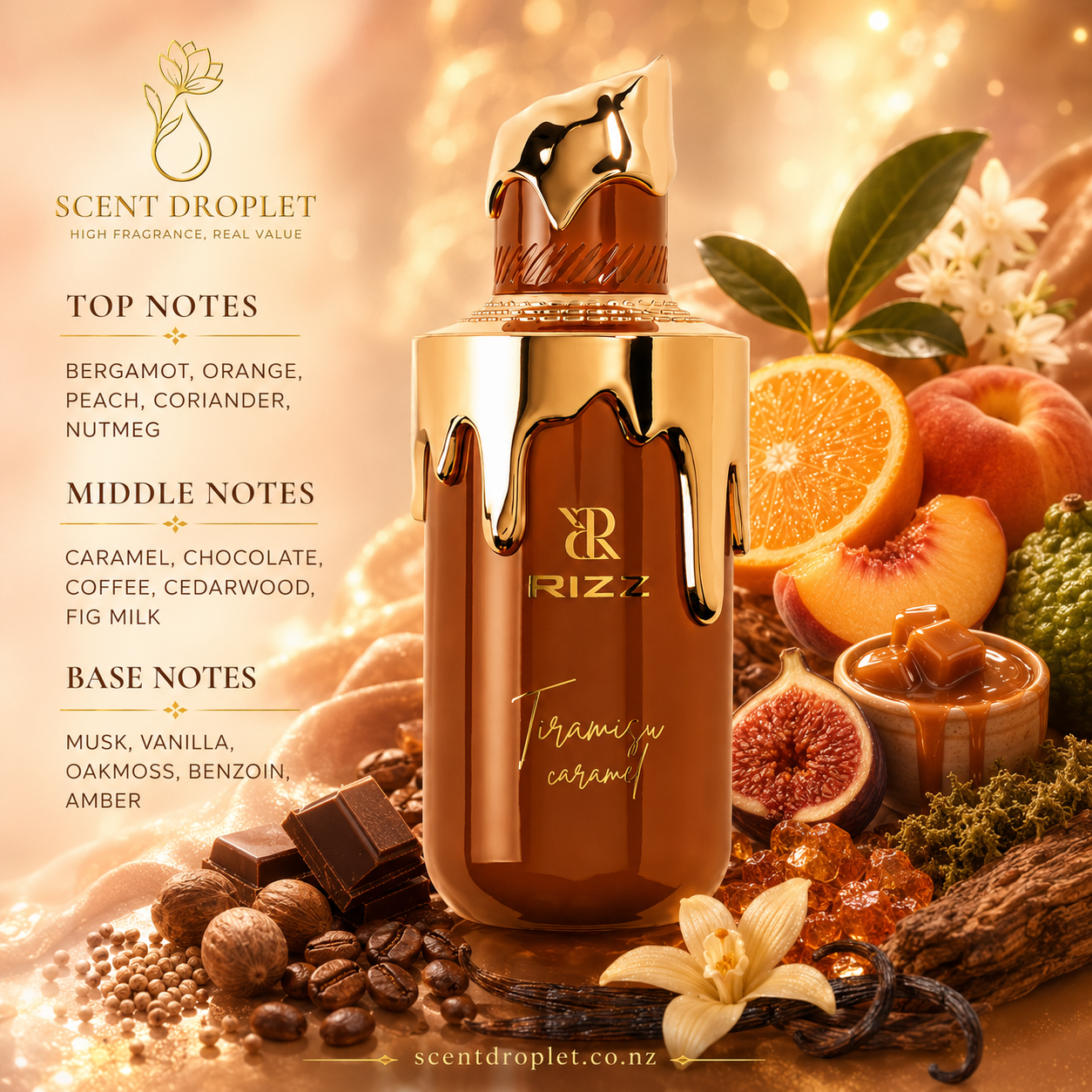 Tiramisu Caramel by Rizz EDP - fragrance notes infographic with bergamot, orange, peach, coriander, nutmeg, caramel, chocolate, coffee, cedarwood, fig milk, musk, vanilla, oakmoss, benzoin and amber