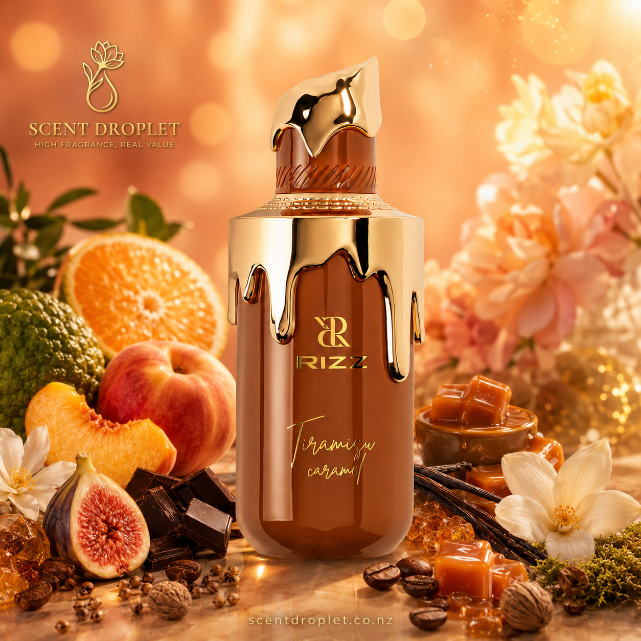Tiramisu Caramel by Rizz Eau de Parfum caramel-brown bottle with gold drip cap surrounded by peach, fig, caramel, coffee beans, chocolate and vanilla