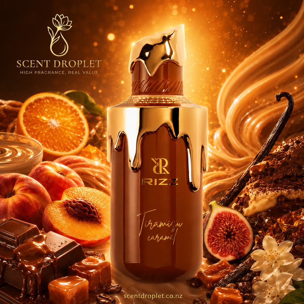 Tiramisu Caramel by Rizz EDP bottle surrounded by peach, fig, caramel, chocolate, coffee and vanilla on warm golden background
