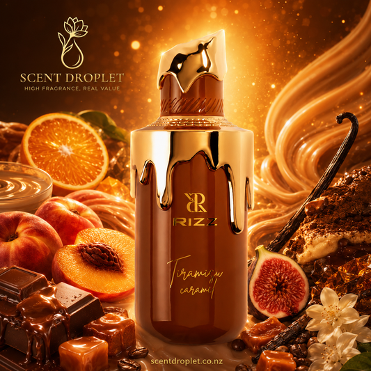 Tiramisu Caramel by Rizz EDP bottle surrounded by peach, fig, caramel, chocolate, coffee and vanilla on warm golden background