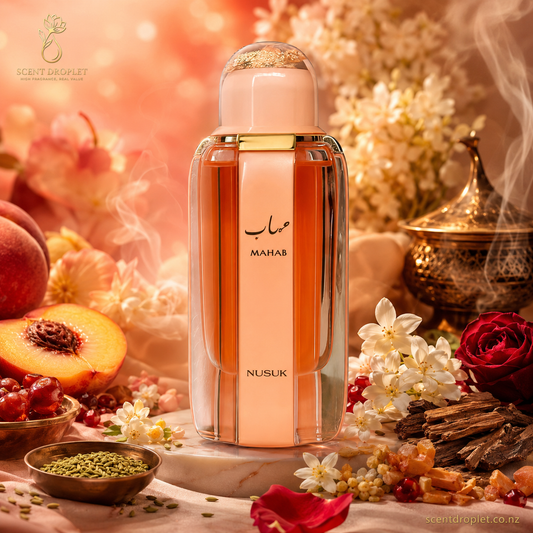Mahab by Nusuk Extrait fragrance notes - Fennel, Incense, Red Fruits, Peach, Osmanthus, Jasmine, Sandalwood, Rose, Musk