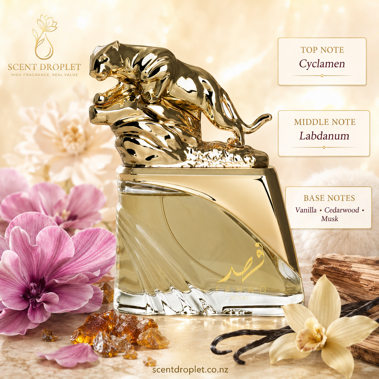 Fahad Regal by Arabiyat Prestige fragrance notes - Cyclamen, Labdanum, Vanilla, Cedarwood, Musk
