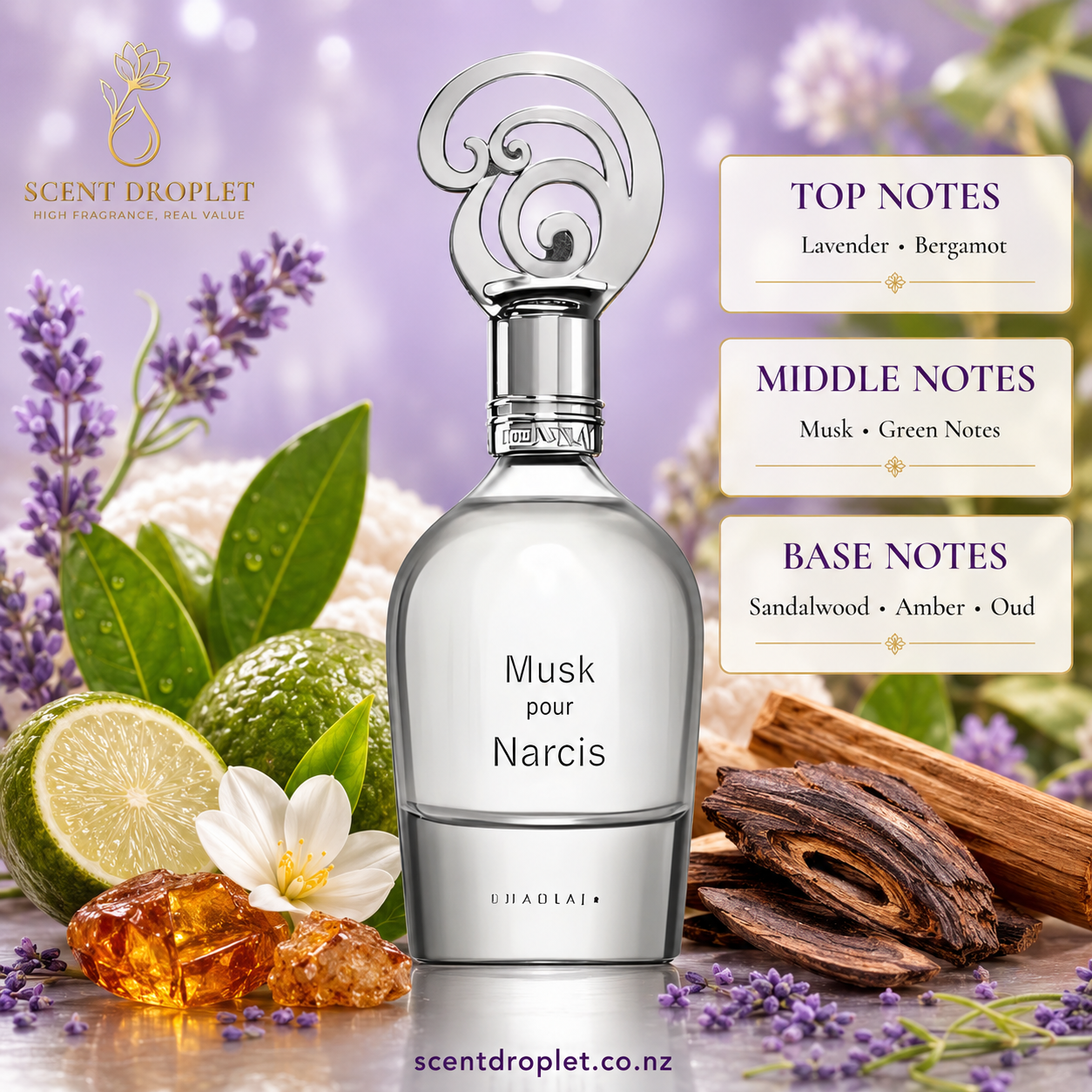 Musk Pour Narcis by Khadlaj fragrance notes - Lavender, Bergamot, Musk, Green Notes, Sandalwood, Amber, Oud