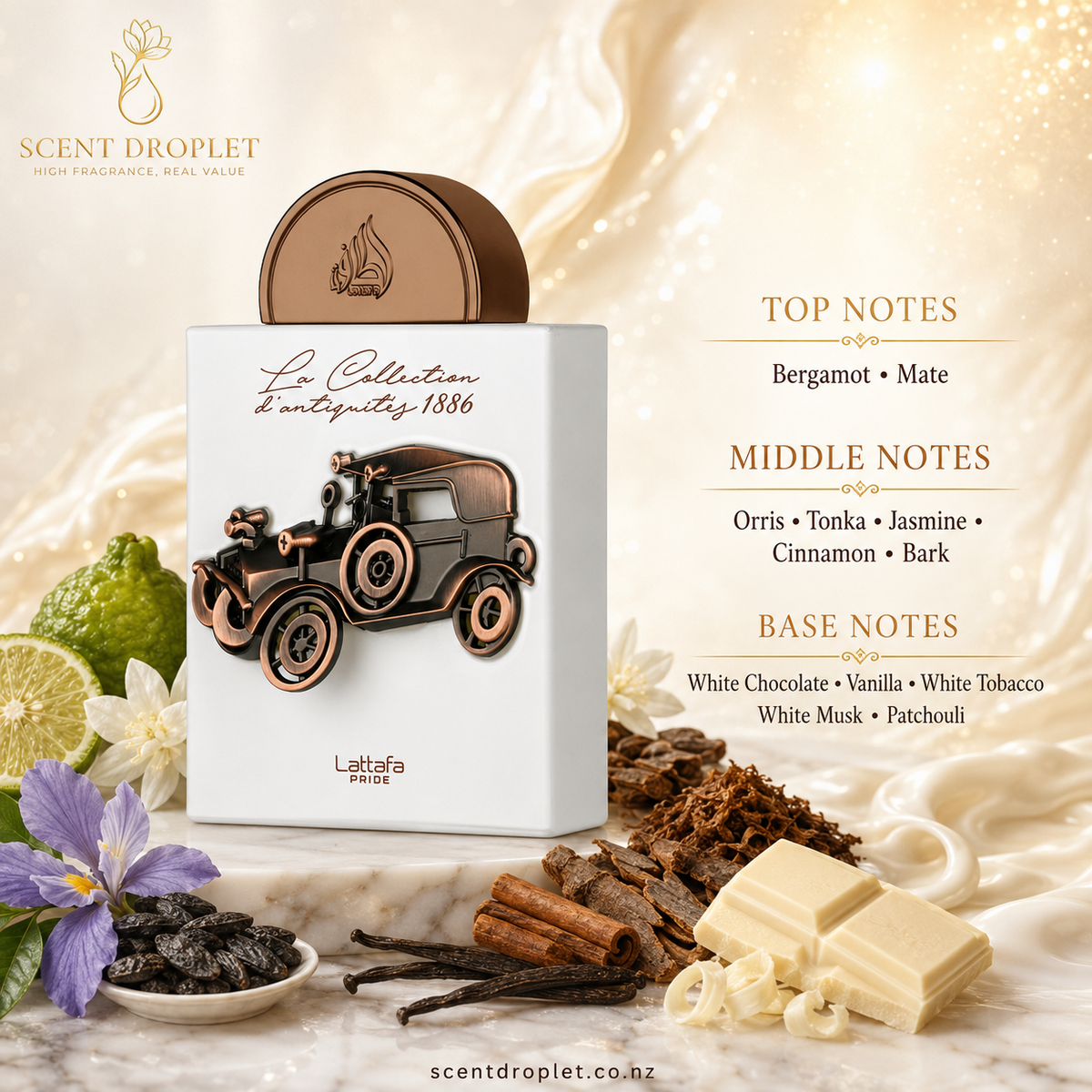 La Collection d'Antiquités 1886 by Lattafa fragrance notes - Bergamot, Mate, Orris, Tonka Bean, Jasmine, Cinnamon Bark, Bran, White Chocolate, Vanilla, White Tobacco, White Musk, Patchouli