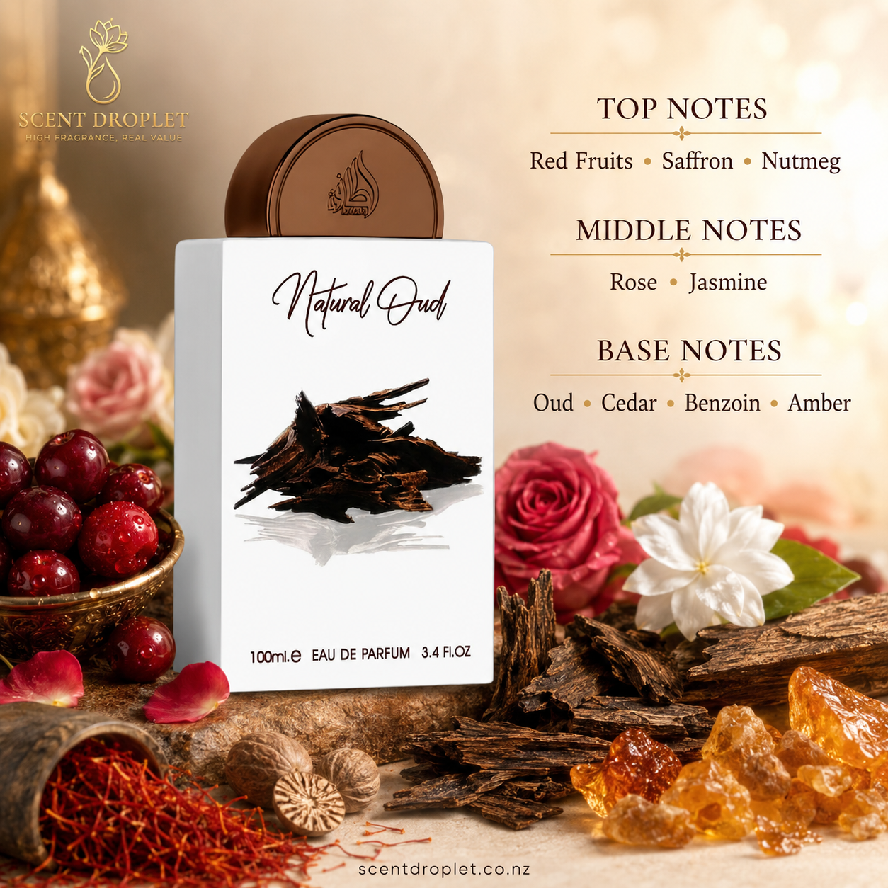 Natural Oud by Lattafa fragrance notes - Red Fruits, Saffron, Nutmeg, Rose, Jasmine, Oud, Cedarwood, Benzoin, Amber
