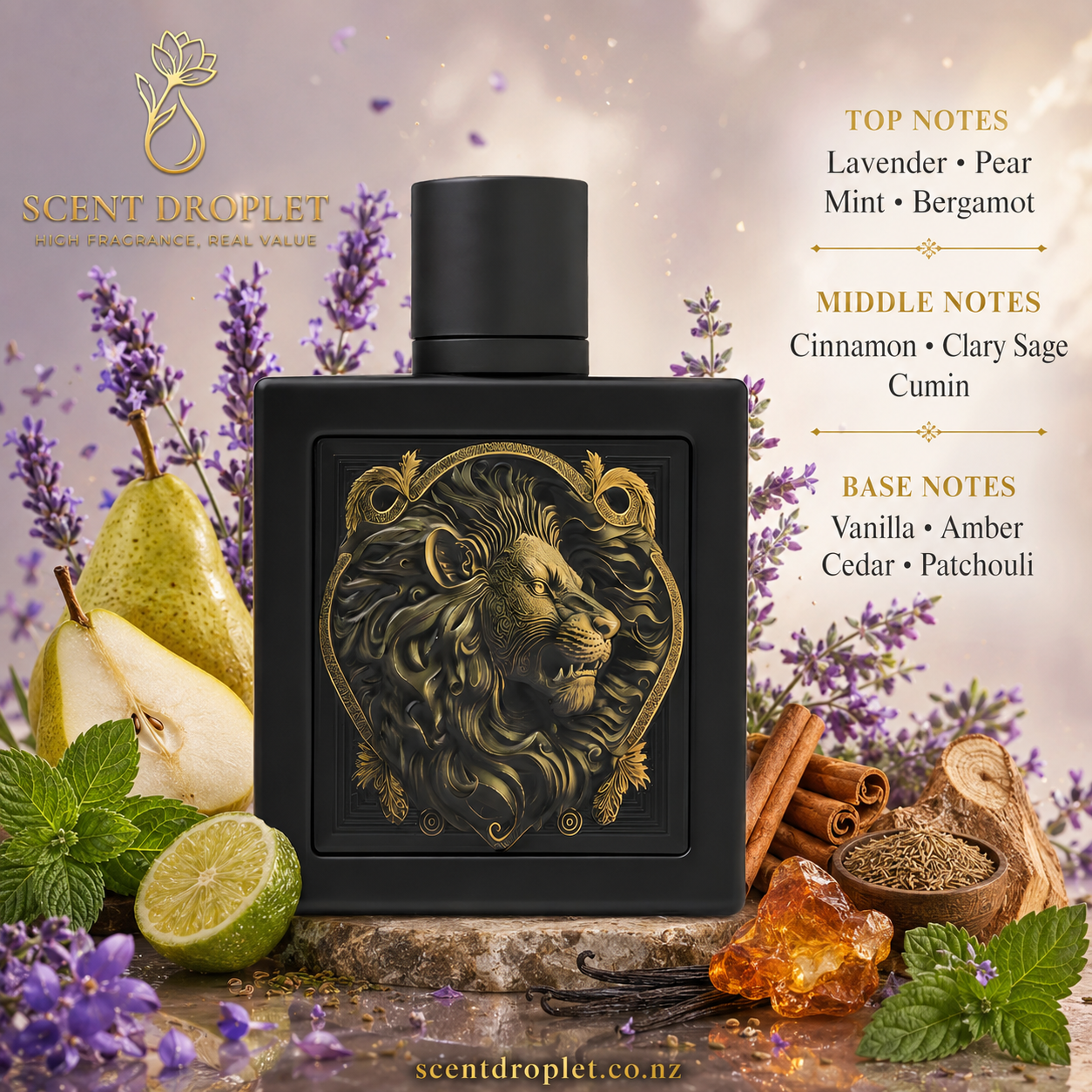 Lion by Rayhaan fragrance notes - Lavender, Pear, Mint, Bergamot, Cinnamon, Clary Sage, Cumin, Vanilla, Amber, Cedarwood, Patchouli