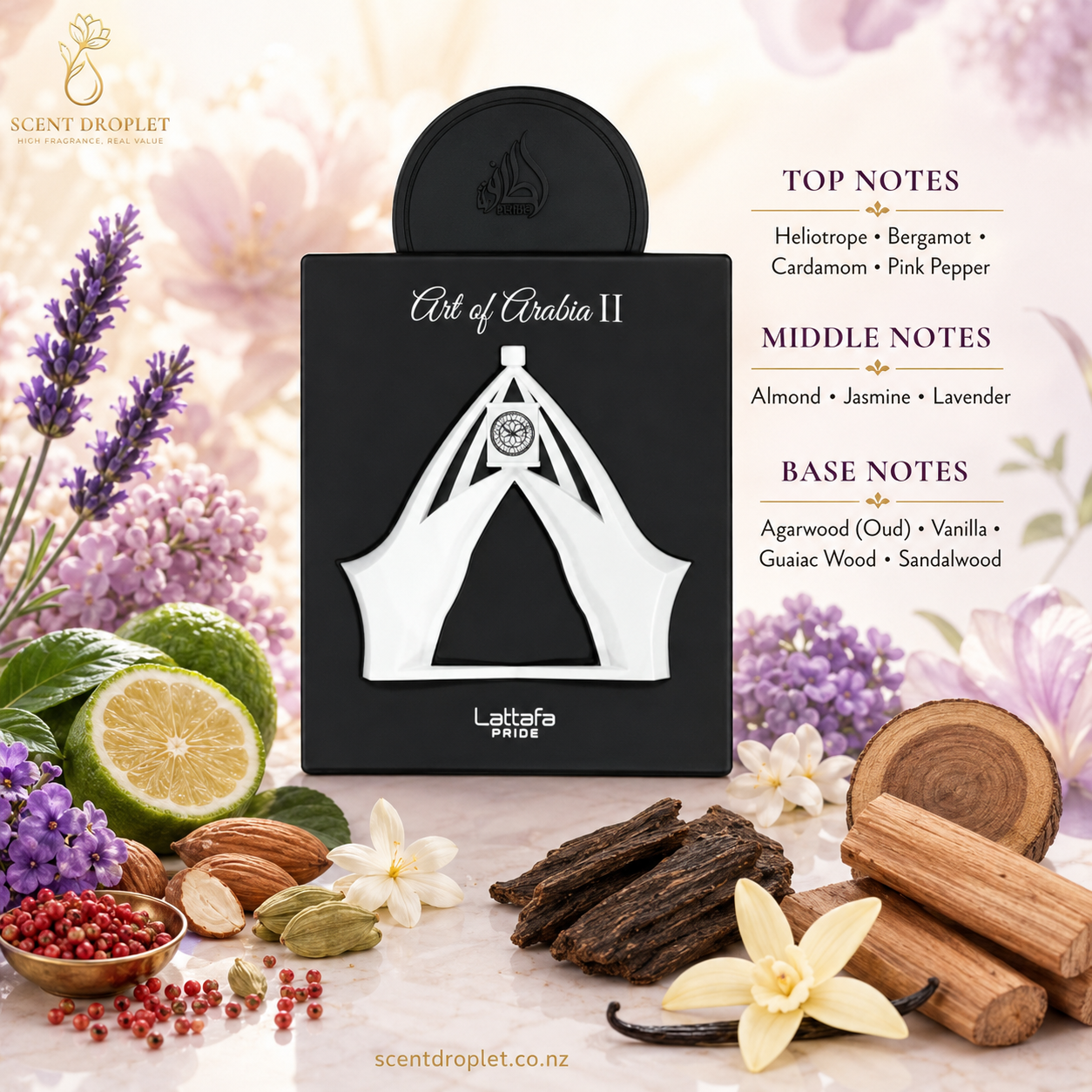 Art Of Arabia II by Lattafa Pride fragrance notes - Heliotrope, Bergamot, Cardamom, Pink Pepper, Almond, Jasmine, Lavender, Agarwood, Vanilla, Guaiac Wood, Sandalwood