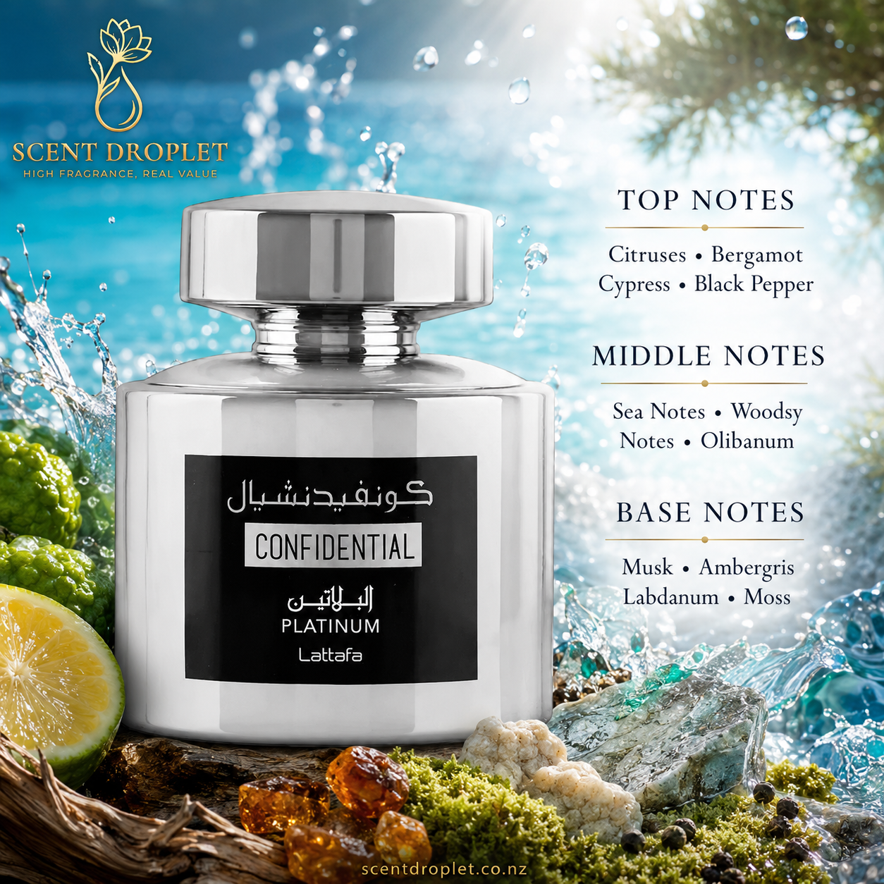 Confidential Platinum by Lattafa fragrance notes - Citruses, Bergamot, Cypress, Black Pepper, Sea Notes, Woody Notes, Olibanum, Musk, Ambergris, Labdanum, Moss