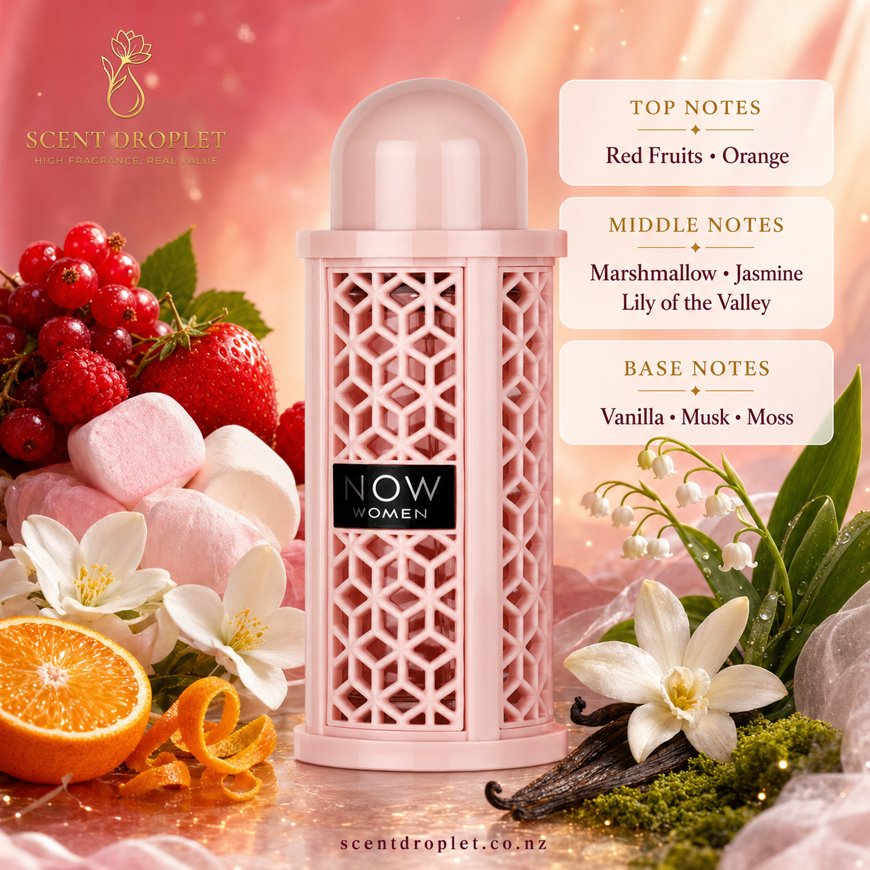 Now Women by Lattafa fragrance notes - Red Fruits, Orange, Marshmallow, Jasmine, Lily of the Valley, Vanilla, Musk, Moss