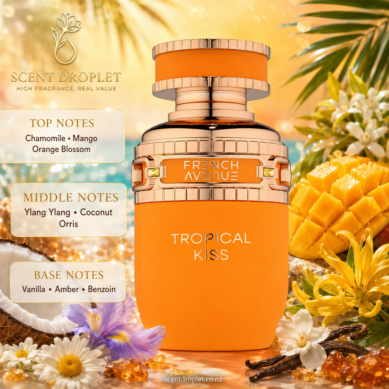 Tropical Kiss by French Avenue fragrance notes - Chamomile, Mango, Orange Blossom, Ylang-Ylang, Coconut, Orris, Vanilla, Amber, Benzoin