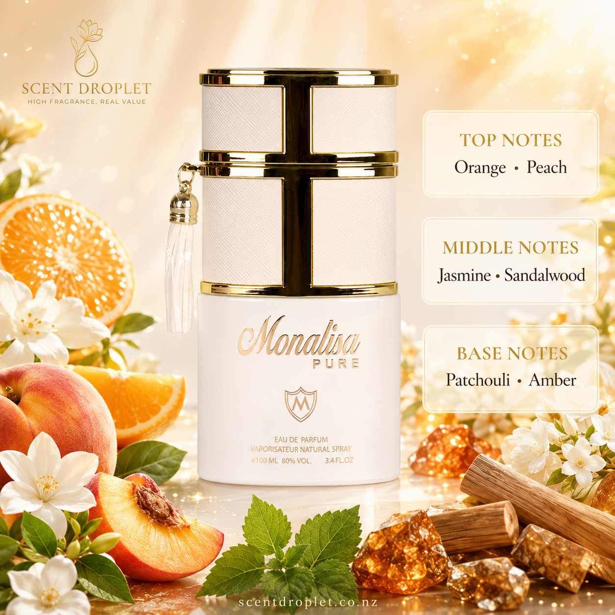 Monalisa Pure by Mahabub Eau de Parfum fragrance notes – orange, peach, jasmine, sandalwood, patchouli, amber