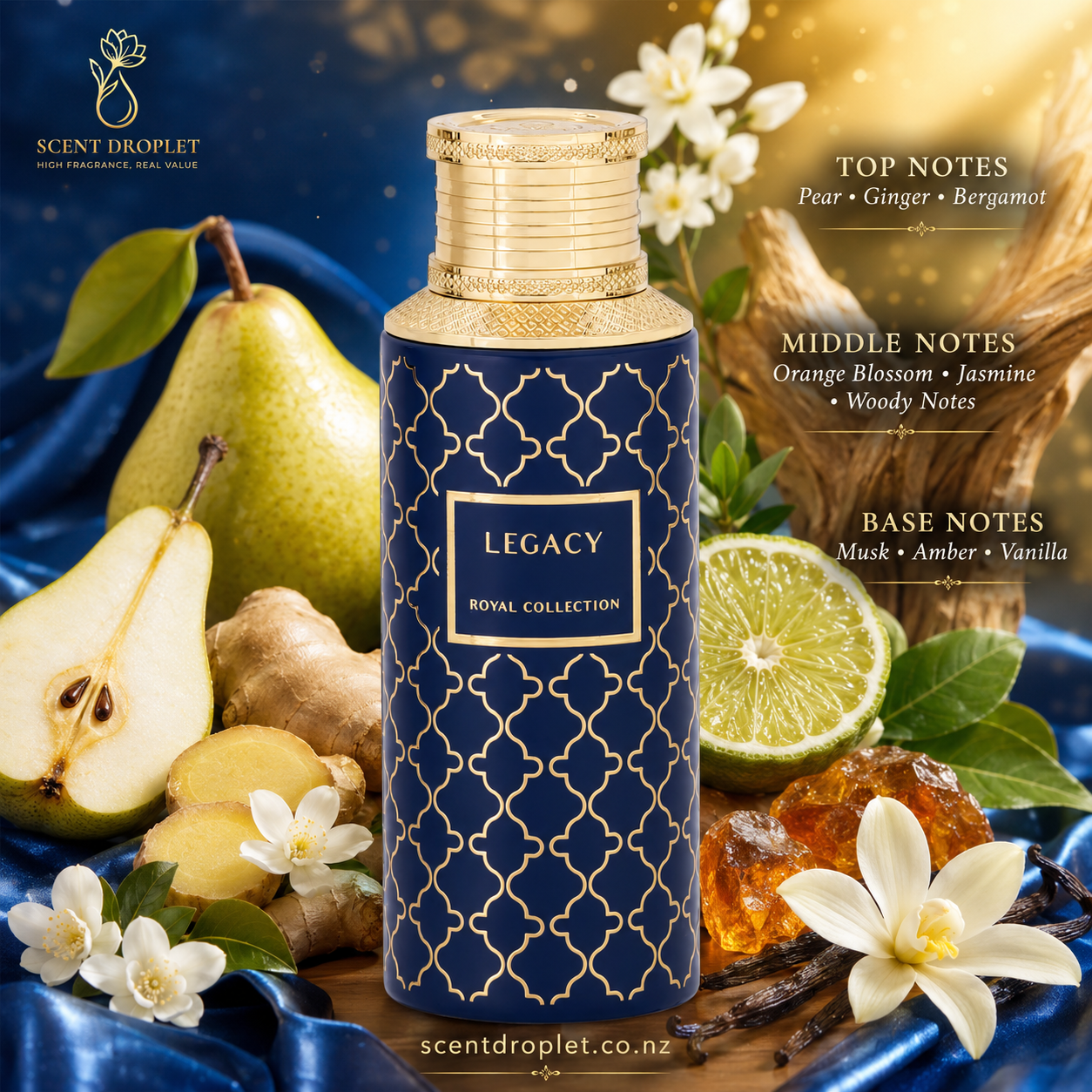 Legacy Royal Collection by Maison Asrar – fragrance notes: pear, ginger, bergamot, orange blossom, jasmine, musk, amber, vanilla