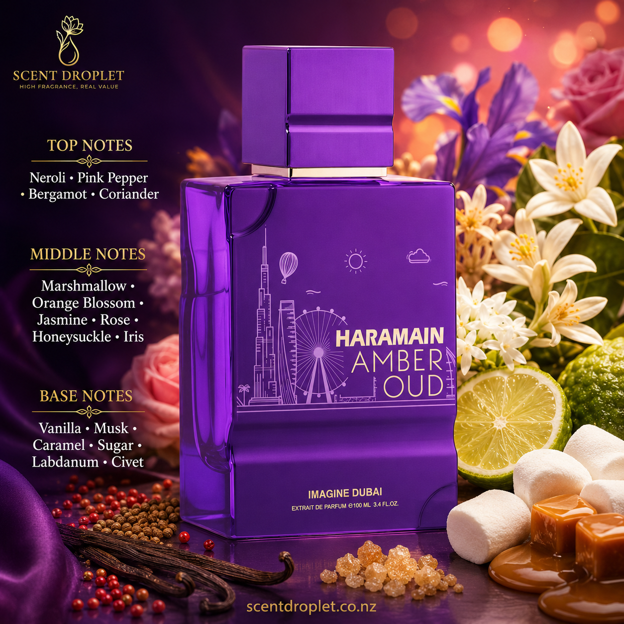 Amber Oud Imagine Dubai by Al Haramain – fragrance notes: neroli, pink pepper, bergamot, marshmallow, jasmine, rose, vanilla, caramel