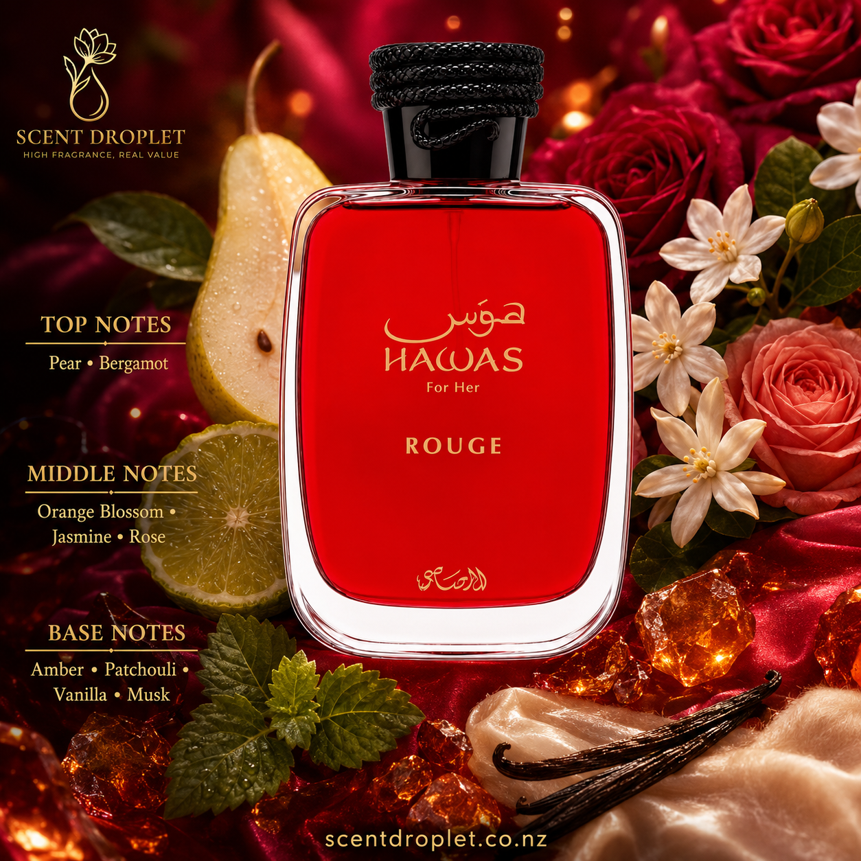 Hawas Rouge by Rasasi – fragrance notes: pear, bergamot, orange blossom, jasmine, rose, amber, patchouli, vanilla, musk