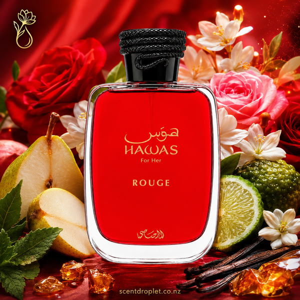 Hawas Rouge by Rasasi for Women – bottle with pear, bergamot, rose and floral notes