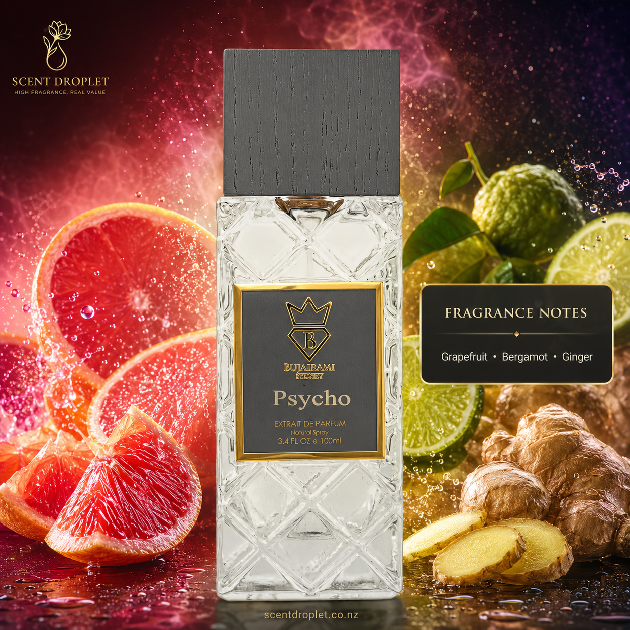 Psycho by Bujairami Extrait bottle with fragrance notes