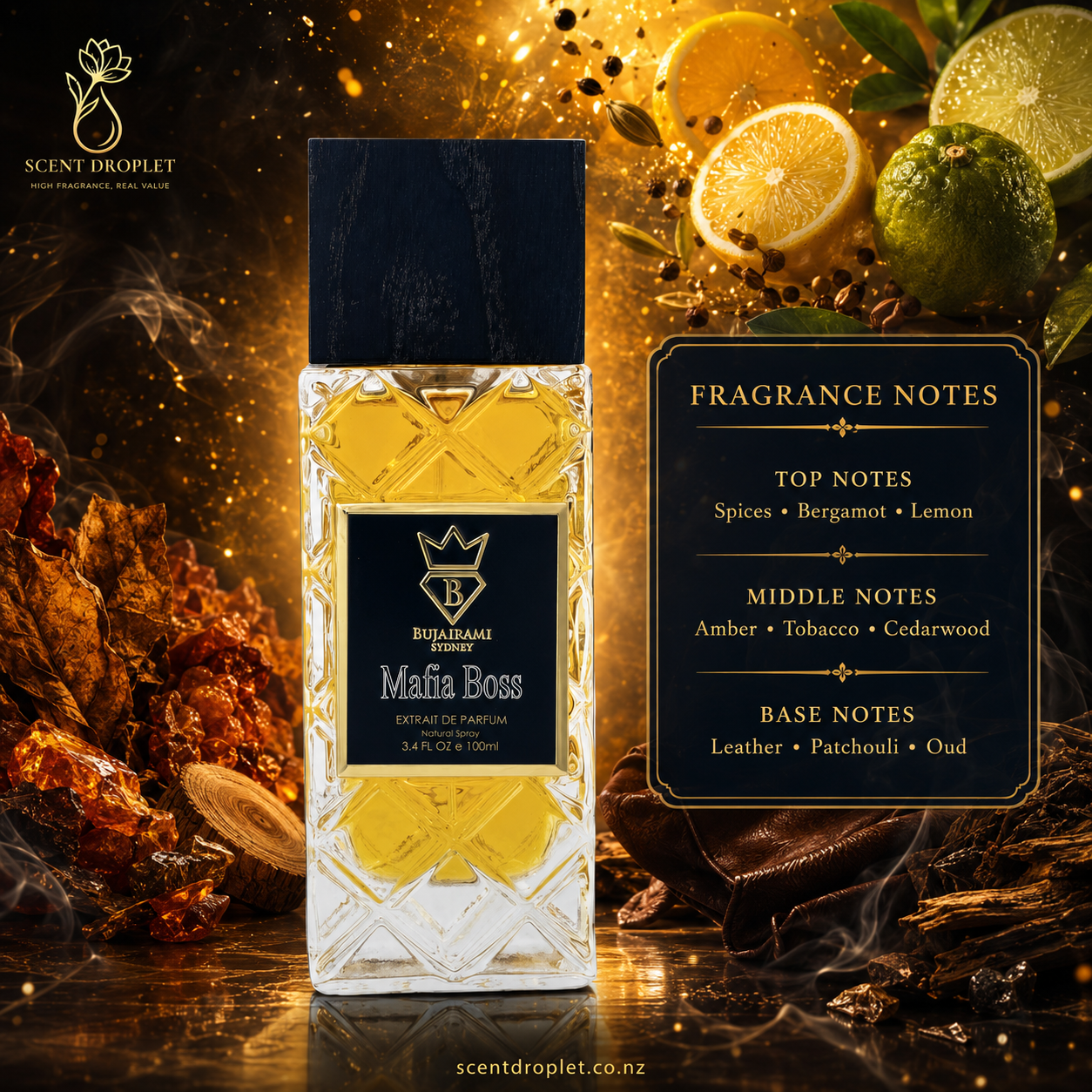 Mafia Boss by Bujairami Extrait bottle with fragrance notes