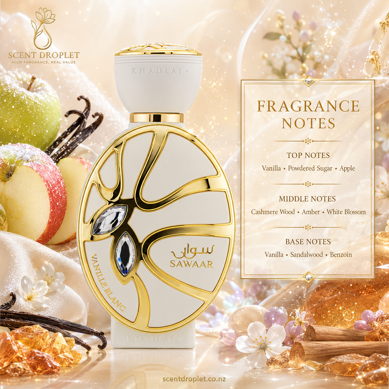 Sawaar Vanille Blanc by Khadlaj bottle with fragrance notes