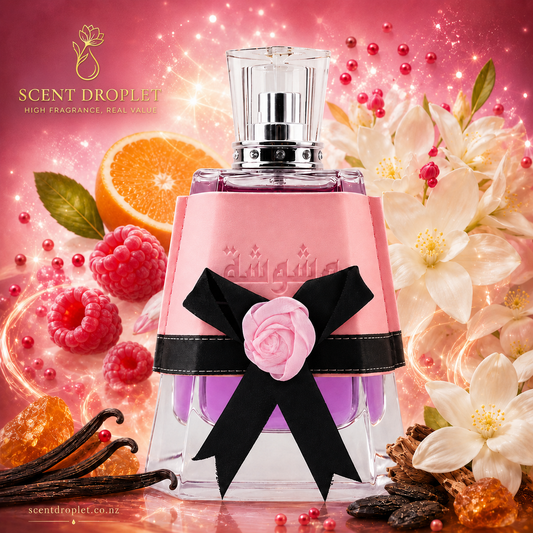Washwashah by Lattafa EDP bottle with pink bow and rose