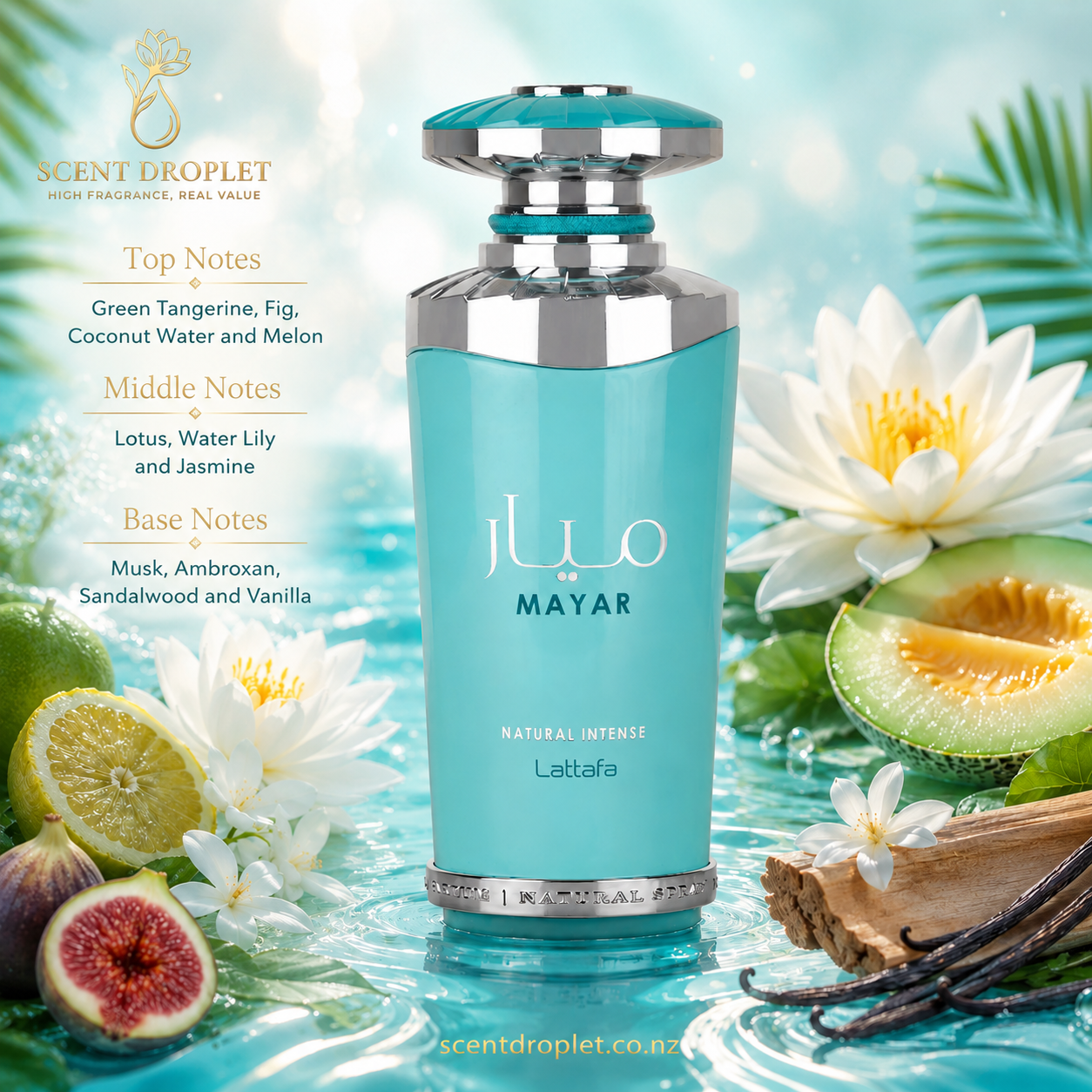 Lattafa Mayar Natural Intense EDP teal bottle with fruits and florals