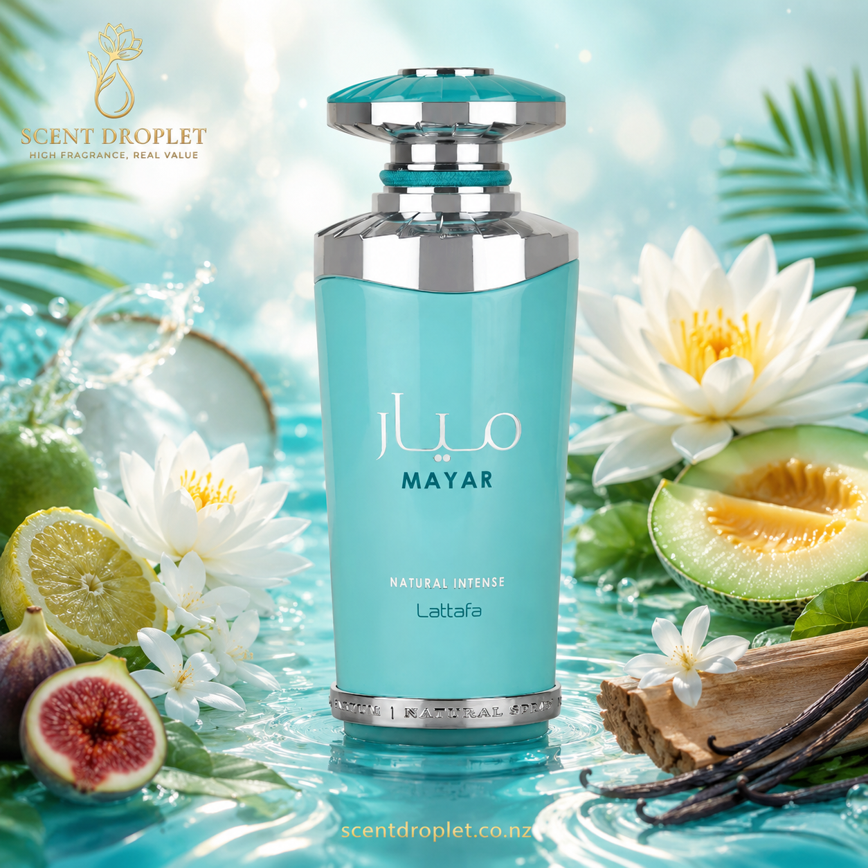 Lattafa Mayar Natural Intense EDP fragrance notes infographic