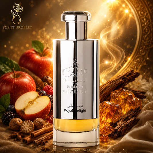 Lattafa Khaltaat Al Arabia Royal Delight EDP silver bottle with fragrance notes