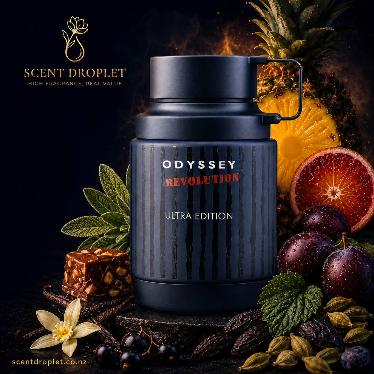Armaf Odyssey Revolution Ultra Edition EDP bottle with fruits and spices