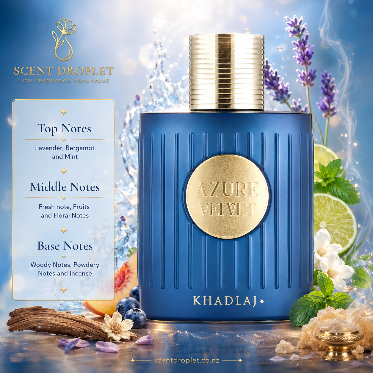 Azure Velvet by Khadlaj Extrait De Parfum blue bottle with lavender and botanicals