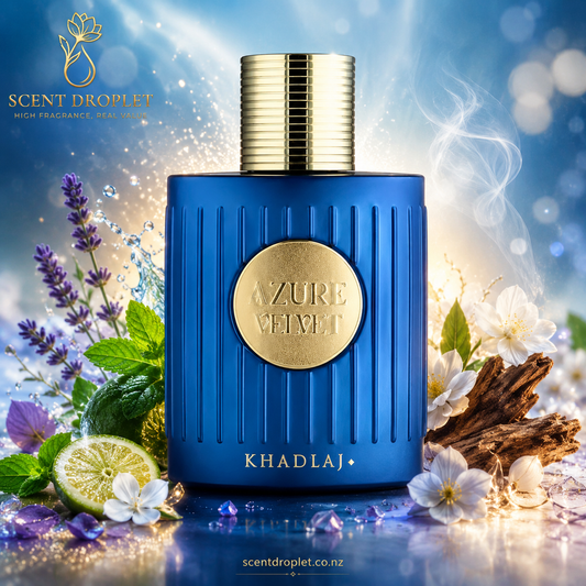 Azure Velvet by Khadlaj Extrait De Parfum blue bottle with fragrance notes