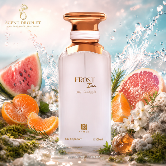 Frost Ice by Ahmed Al Maghribi EDP white bottle with watermelon and citrus
