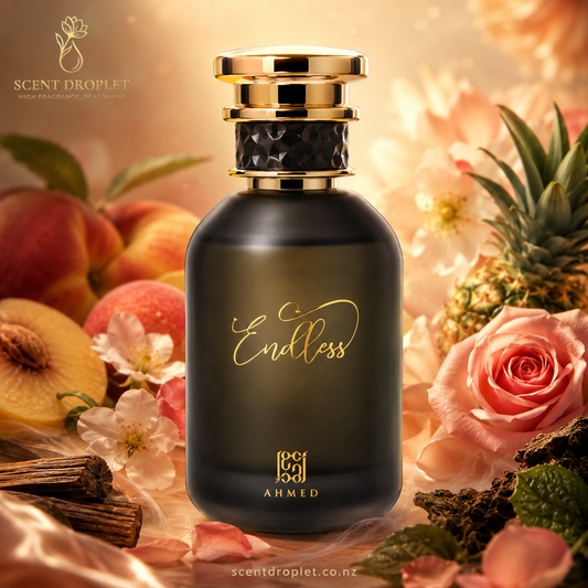 Endless by Ahmed Al Maghribi EDP dark bottle with peach and rose