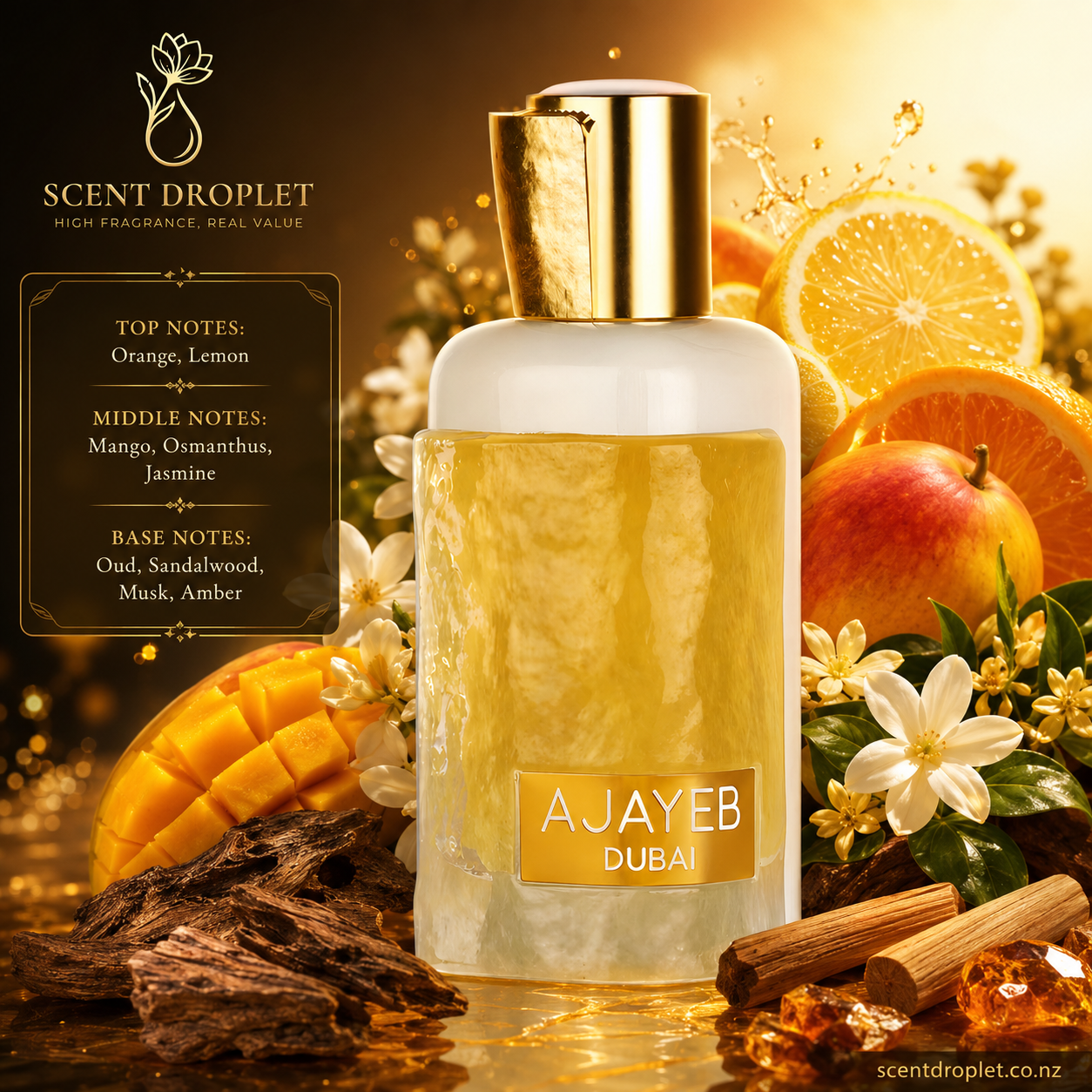 Lattafa Ajayeb Dubai Portrait EDP bottle surrounded by citrus, mango and jasmine
