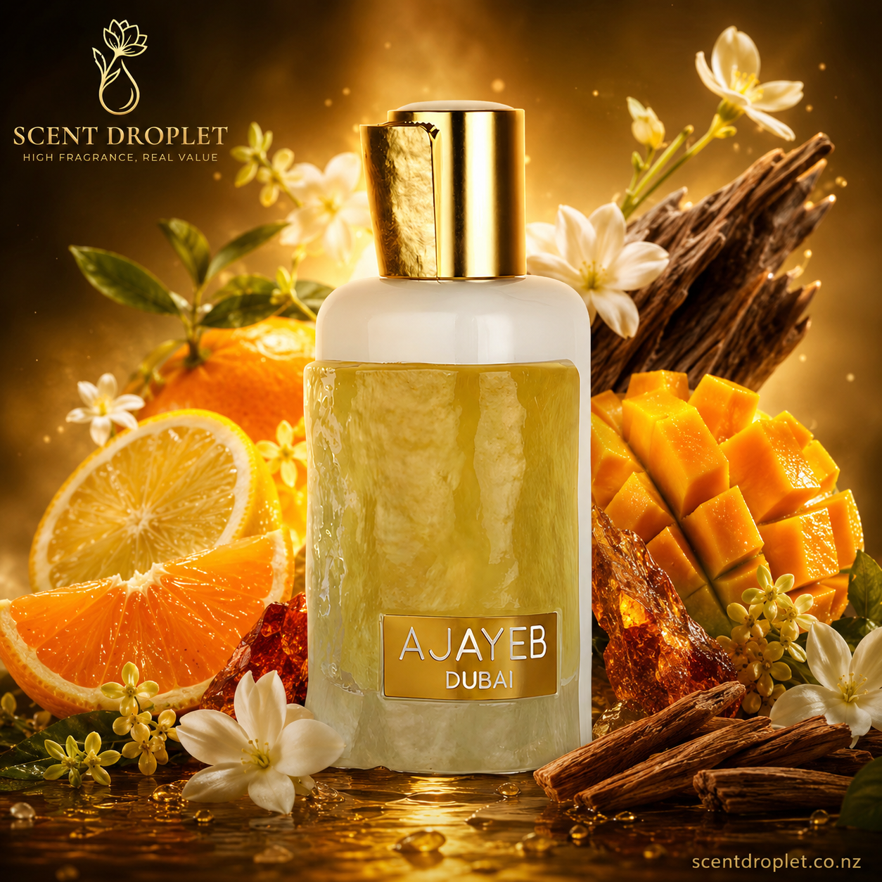 Lattafa Ajayeb Dubai Portrait EDP bottle with orange, mango and floral ingredients