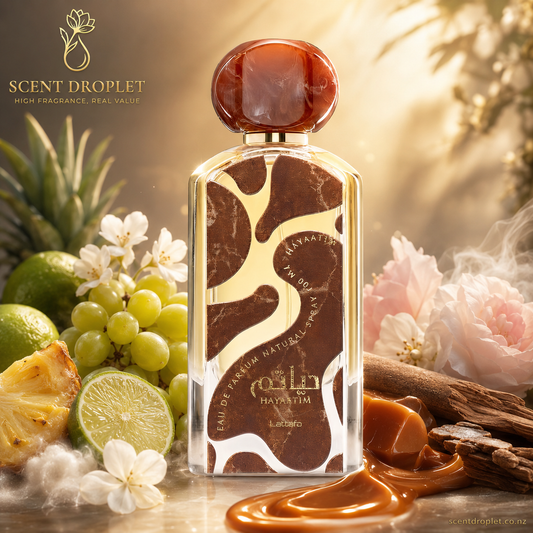 Hayaatim by Lattafa Eau de Parfum bottle with lime, grapes, pineapple and caramel ingredients