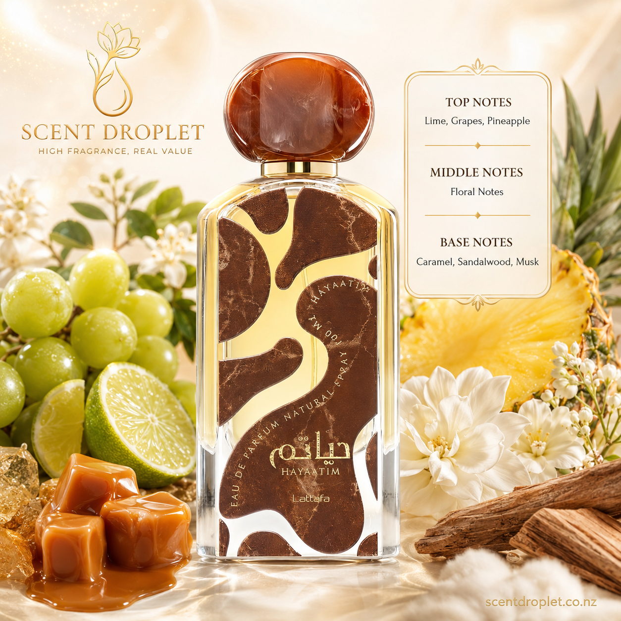 Hayaatim by Lattafa fragrance notes - Top: Lime, Grapes, Pineapple | Heart: Floral Notes | Base: Caramel, Sandalwood, Musk