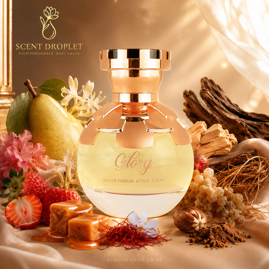 Glory by Ahmed Al Maghribi EDP gold bottle with pear, strawberry and caramel