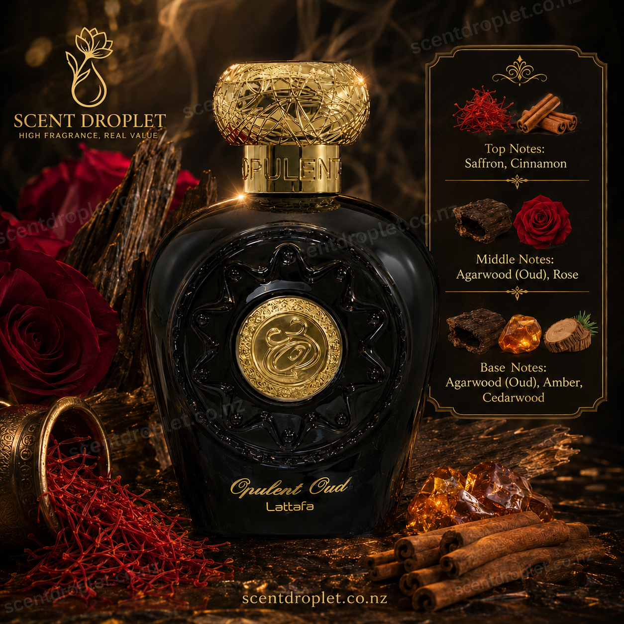 Opulent Oud by Lattafa Eau de Parfum bottle with fragrance notes