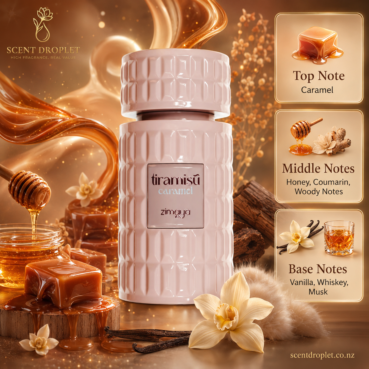 Zimaya Tiramisu Caramel Eau de Parfum with fragrance notes breakdown